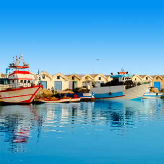 De haven van Mahdia met gekleurde vissersboten en huisjes