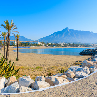 Uitizicht op een prachtig strand met palmbomen in Marbella, Spanje