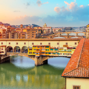 Uitzicht op Florence met terracotta daken, de Duomo met grote koepel en historische gebouwen langs de rivier onder een heldere lucht.