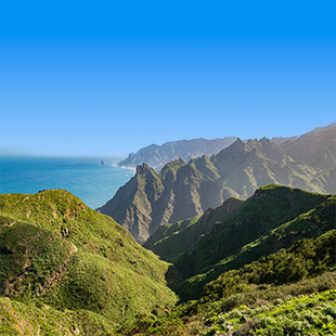 Groene bergkam in Anaga Rural Park met steile kliffen, diepe valleien en uitzicht op de oceaan bij helder weer.