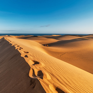 Golvende zandduinen van de Dunas de Maspalomas op Gran Canaria, met zacht licht, windpatronen in het zand en een uitgestrekte woestijnachtige kustlandschap.