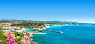 Promotiebanner voor herfstvakantie: uitzicht op zee met roze bloemen aan de kust