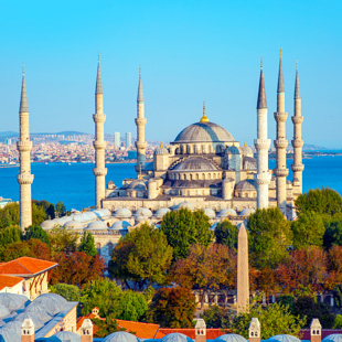 Uitzicht op Istanbul met moskeeën met grote koepels en minaretten, dichtbebouwde stad en water op de voorgrond onder een heldere lucht.