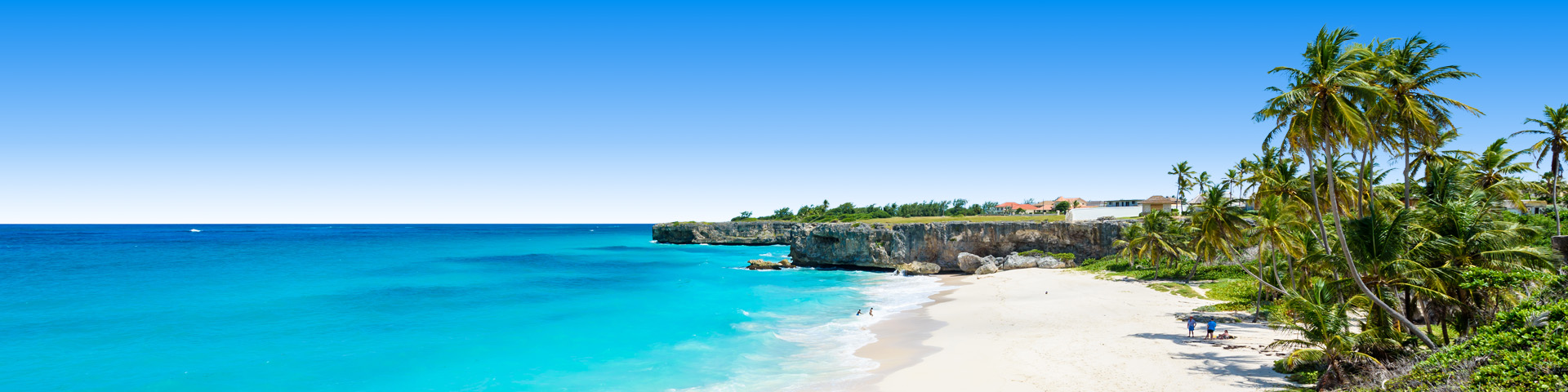 Blauwe zee met hagelwit strand met plambomen in Barbados