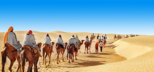 Mensen op kamelen door de woestijn in Marokko