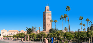 Een hoog gebouw omringd door palmbomen in Marrakech