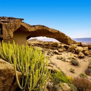 Vulkanische boog Arco de Tajao boven rotsachtig terrein, met cactussen op de voorgrond en weids uitzicht.
