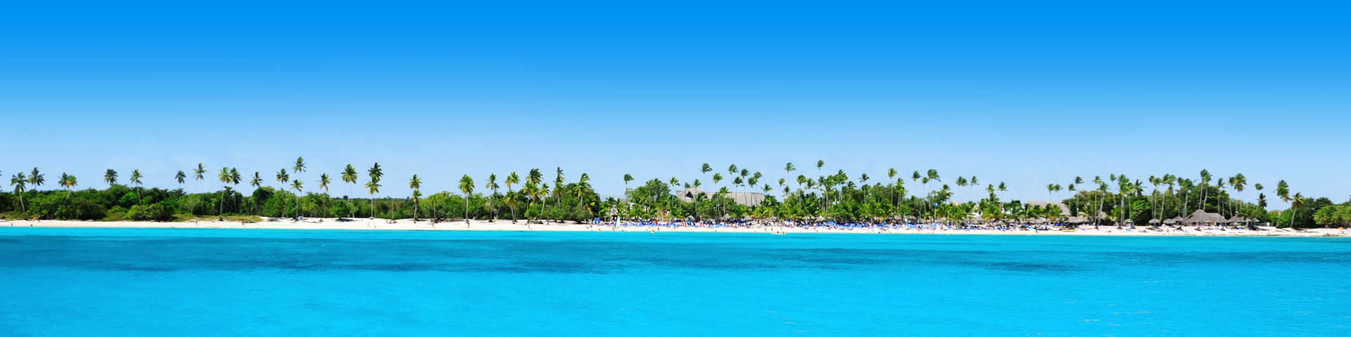 Azuurblauwe zee met palmbomen en een strand 