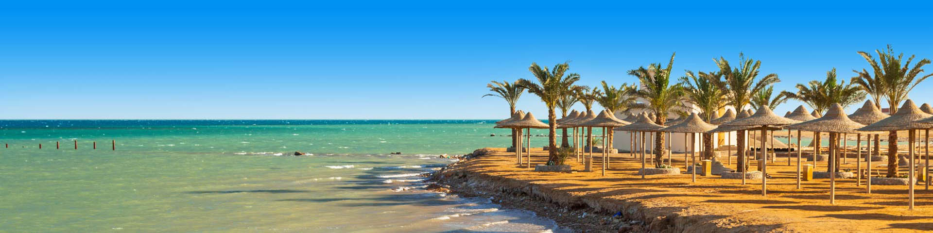 Strand met parasols, wuivende palmbomen en een blauwe zee 